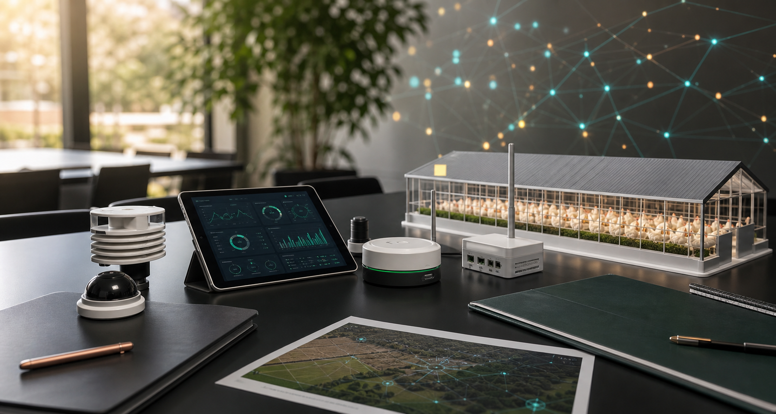 Poultry automation collaboration workspace with farm model and sensor devices