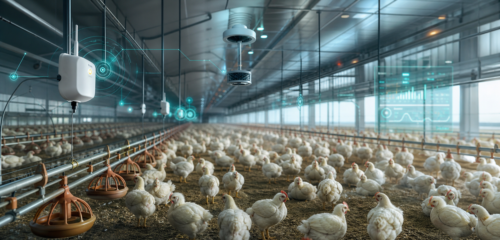 Smart poultry house with sensors and AI monitoring systems