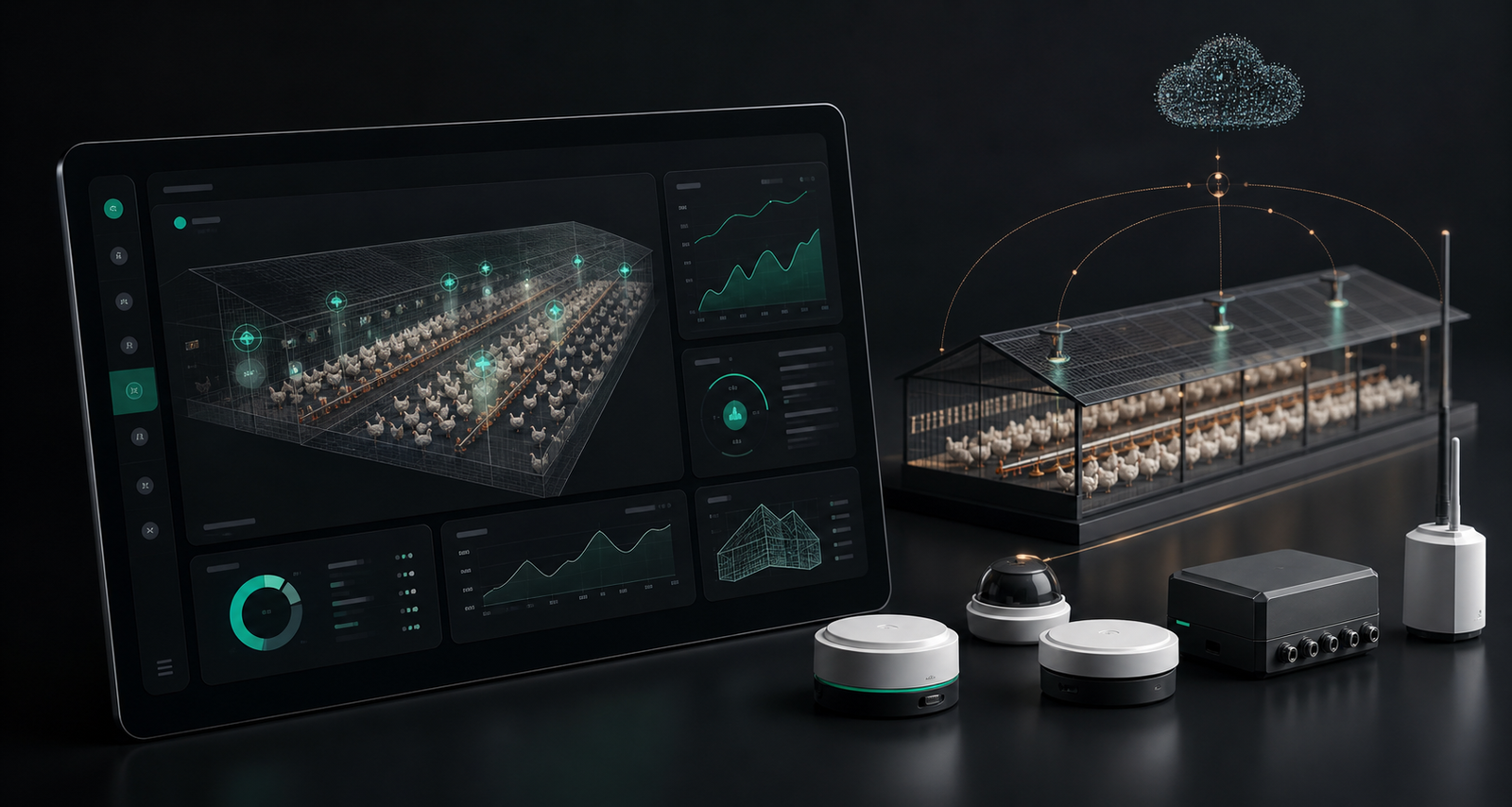 AI poultry farm platform dashboard and sensor hardware product visualization