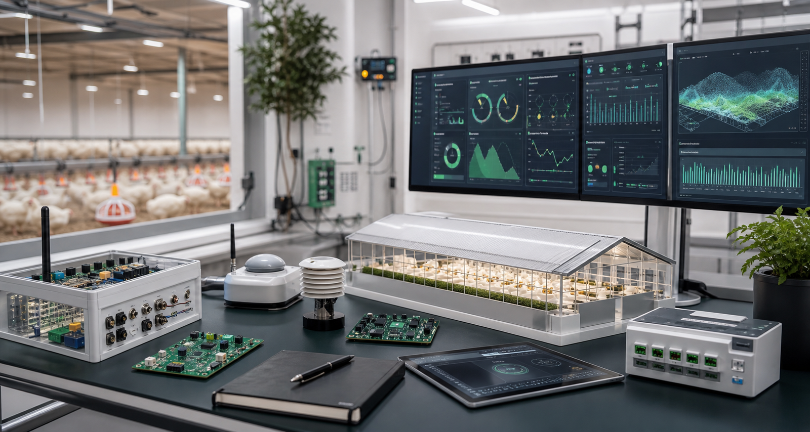 Agricultural AI research lab with poultry house model and sensor dashboards