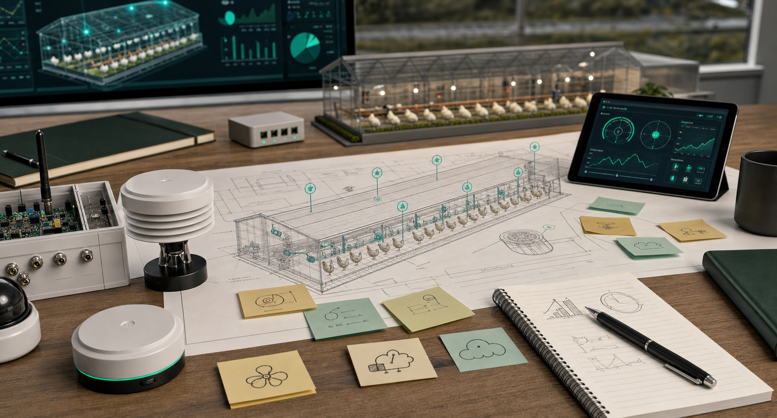 Poultry automation strategy workspace with sensors, blueprints, and dashboards